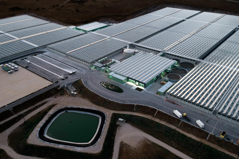 Aerial view of high tech turnkey greenhouses by Van der Hoeven.